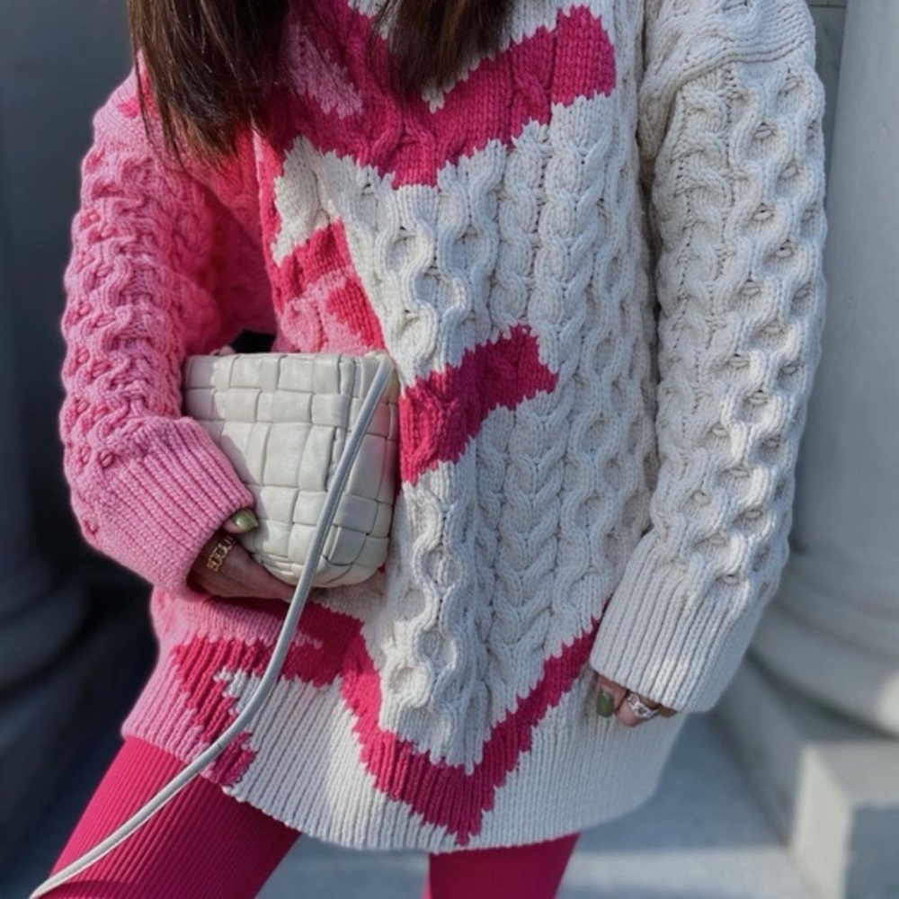 Zara Pink and Cream Crew Neck Sweater with Cable Knit Design